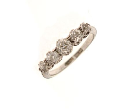 Five stone diamond ring, the white metal shank stamped Plat 18, size K, 2.3g approx gross   Condition: 