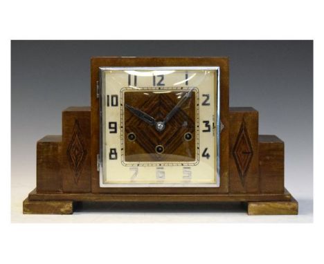 Art Deco inlaid walnut mantel clock, the square Arabic dial with raised silver numerals and square chapter ring framing quart