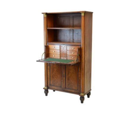 William IV mahogany secretaire bookcase of inverted breakfront design with two shelves having reeded fronts over fall front d