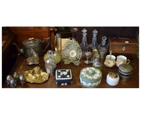 Mixed group of collectables to include; a late 19th Century American brass strut clock, early 19th Century rosewood two divis