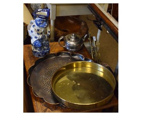 Copper tray of multi lobed design, circular brass tray, Britannia metal teapot and a novelty pottery character jug   Conditio