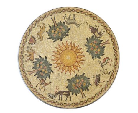 Circular mosaic tile work table top, made in Jordan depicting a central sunburst within lion, antelope, birds, trees etc and 