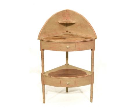 Painted pine corner washstand with arched splashback and shelf on bowfront top with single drawer, the conforming under shelf
