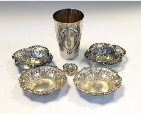 Two pairs of late Victorian silver bon-bon dishes comprising a pair of wavy circular form, Sheffield 1899, another pair of pi