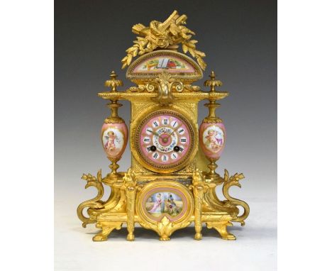 19th Century French gilt spelter and porcelain mantel clock, the pink porcelain dial with Roman numerals, painted floral deco