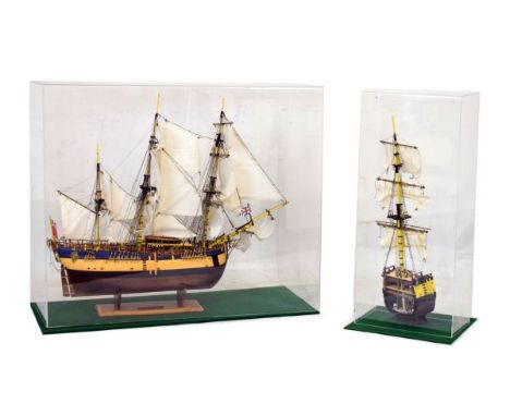 Cased scale model of the tall masted ship 'Endeavour' within five sided Perspex case on green baize plinth, 101m wide, togeth