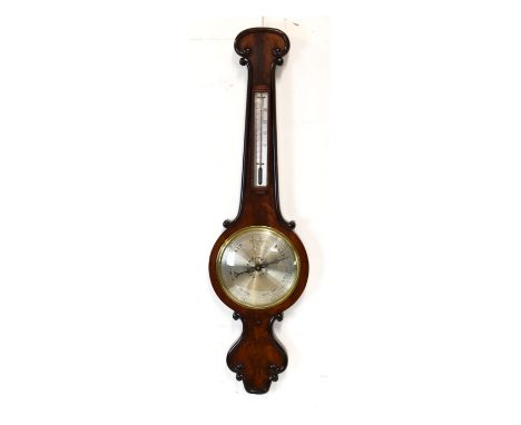 Mid 19th Century mahogany cased wheel or banjo barometer, the silvered scale reading from 28 to 31 inches of pressure beneath