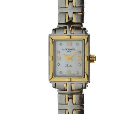 Raymond Weil 'Parsifal' lady's stainless steel and gold plated wristwatch with rectangular mother-of pearl dial having Roman 