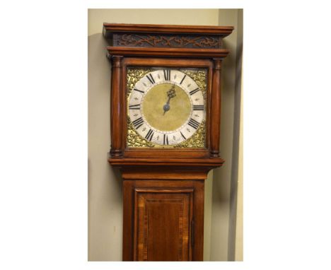 Inlaid walnut cased longcase clock, the 24cm brass dial having silvered chapter ring bearing the names Ferron & Burchell, Her