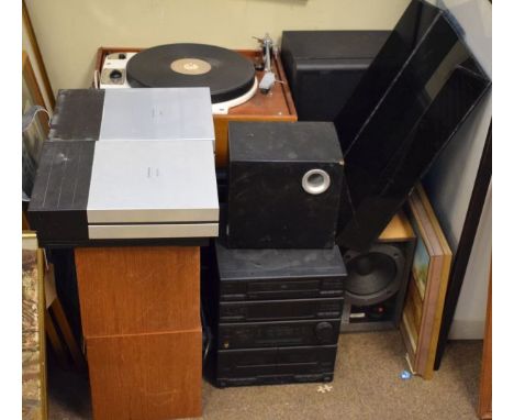 Assorted audio equipment to include: Garrard model 301 turntable record player, two Pioneer CD players, pair of Wharfdale boo