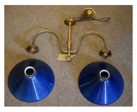 Early 20th Century brass two branch ceiling light fitting with a pair of opaque white and blue glass shades   Condition: 