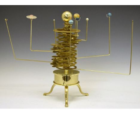 20th Century kit built brass orrery with stacked exposed gearing on drum base and tripod support   Condition: 