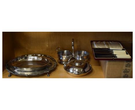 Selection of plated wares to include; Georgian style piecrust salver on four ball and claw feet, milk jug and sugar basin on 