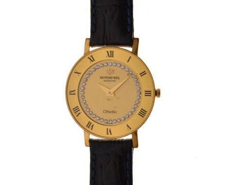 Raymond Weil 'Othello' lady's gold plated wristwatch with Roman chapter ring and gilt baton markers, black leather strap, sol