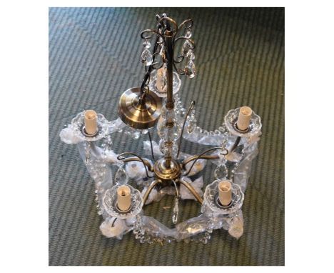 20th Century five branch ceiling light fitting or electrolier with cut spherical glass ornaments to tubular stem, the branche