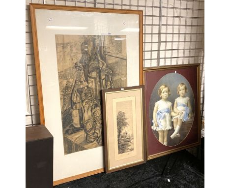 LARGE CHARCOAL &amp; ONE PAPER - ''BOTTLES'' BY CHARLES BURNS '84 WITH ''TWO SISTERS'' DRAWN BY MISS CATHERINE GULLY 1931 &am