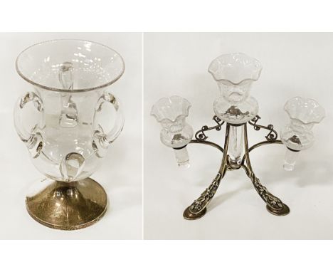 GLASS EPERGNE - 21.5 CMS (H) APPROX WITH GLASS 3 HANDLED VASE WITH SILVER BASE 