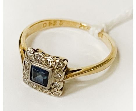 18CT GOLD DIAMOND &amp; BLUE STONE ART DECO RING - SIZE L