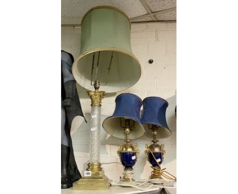 GLASS &amp; BRASS TABLE LAMP &amp; SHADE WITH A PAIR OF BLUE CERAMIC TABLE LAMPS
