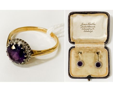 18CT GOLD &amp; DIAMOND AMETHYST RING WITH A PAIR OF STUD EARRINGS - SIZE Q