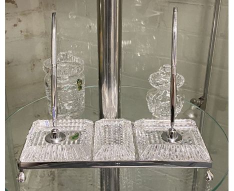 WATERFORD CRYSTAL INKWELL SIGNED WITH TWO WATERFORD CRYSTAL PRESERVE JARS