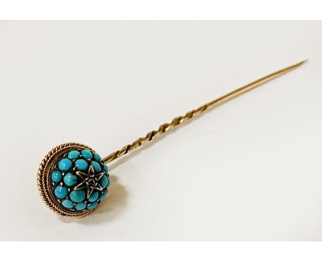 18CT GOLD TURQUOISE &amp; DIAMOND STICK PIN - 3.7 GRAMS APPROX