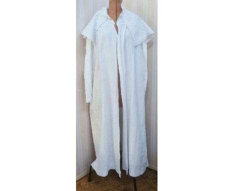 Victorian peignoir,  figured cotton with attached cape, single button fastening, tie belt, full-length