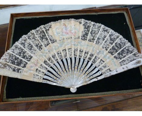 19th century mother-of-pearl painted lace flower fan with cartouche and panel, floral and bird decorated, mother-of-pearl gua