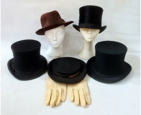 Vintage top hat labelled Battersby &amp; Co., London, made in France, three black collapsing opera hats marked Newman House, 