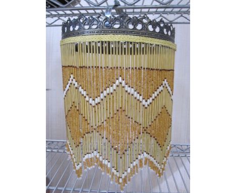 20th century beaded shade lamp in gold and white and an early 20th century moulded ceiling shade in white and blue (2) 