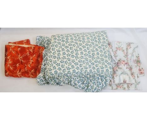 Pair of full-length chintz curtains with a matching duvet cover, three pairs of vintage red satin curtains with white leaf de