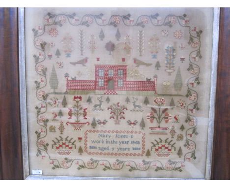 Large sampler, Mary Jones' Work in the year 1848, aged 9 years, flower border, red brick house with windows, trees, dogs, dee
