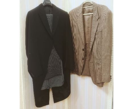 Gentleman's morning jacket, two pairs of grey striped trousers, a vintage tweed jacket, two evening shirts and a dinner suit 