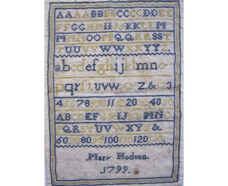 Sampler with alphabet and numbers by Mary Hodson 1799, backed onto paper, blue and yellow thread (one or two small holes)