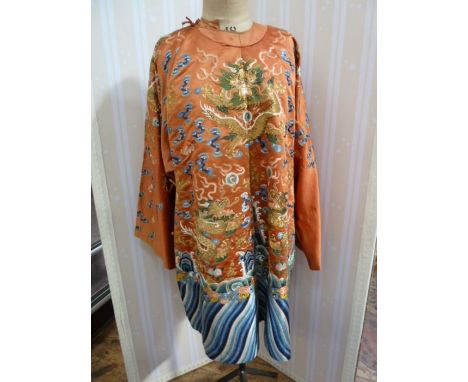 Chinese embroidered silk  Dragon robe, apricot ground, gold thread embroidered with five-clawed dragons, chasing the pearls o