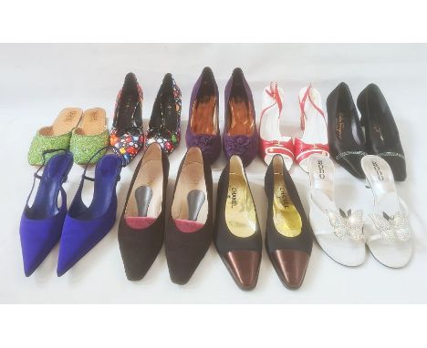 Vintage designer shoes all with original boxes to include Chanel brown suede block heel shoes, Patrick Cox, Chanel black sued