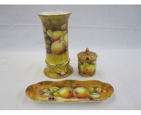 Coalport cylindrical vase decorated by J Mottram of apples, pears and blackberries, 22cm high, a rectangular-shaped dish pain