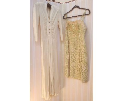 1930's crepe cream dress, full-length with godets, button detail, narrow sleeves, cut on the bias, a vintage lace over green 