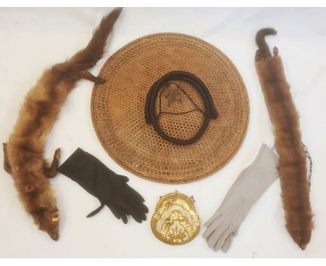 Vintage coolie hat with black attachment, an&nbsp;early 20th century sequined evening bag, evening gloves, fur tippets, a pai