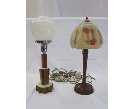 Art Deco table lamp with white shade, on brown and green bakelite stepped base, 44cm high and another early 20th century tabl