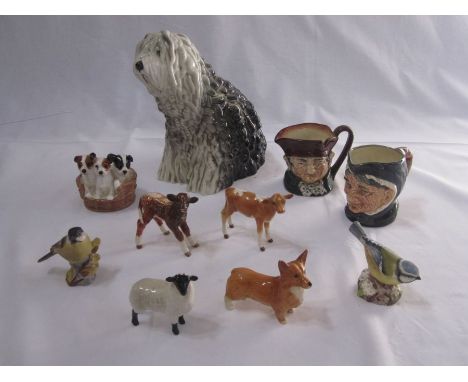 Beswick model sheepdog, Beswick model Corgi, Beswick model sheep, two Beswick model calves, Royal Worcester 'Marsh Tit', Roya