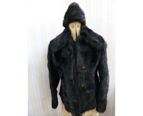 Vintage black fur jacket with suede inserts, and matching hat ( 2)