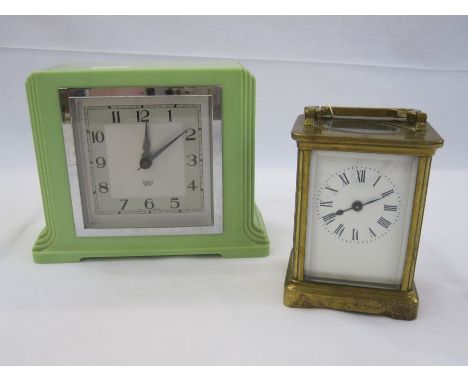 Smith Sectric green Art Deco-style clock, 13.5cm high and a carriage clock, 10.5cm high (not including handle) (2) 