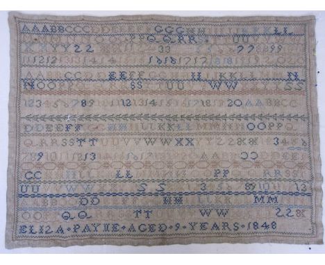 Sampler with alphabet and numbers by Eliza Payne aged 9 years, 1848, many coloured threads used, pinned onto linen covered bo