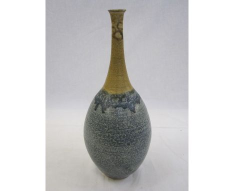 Christopher White (ex Poole pottery) studio pottery vase in yellow and blue, long bottle neck to ovoid body, 34cm high 