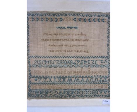 Sampler with alphabet, numbers and prayer by Heather Walsh dated 1839, stitched onto board, 30cm x 30cm and another small sam