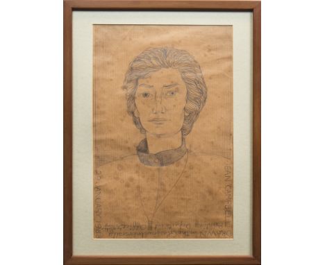 * ALASDAIR GRAY (SCOTTISH),PORTRAIT OF JEAN CAMPBELL, HEAD OF PRINTING, GLASGOW UNIVERSITYpencil sketch, signed and dated 29 