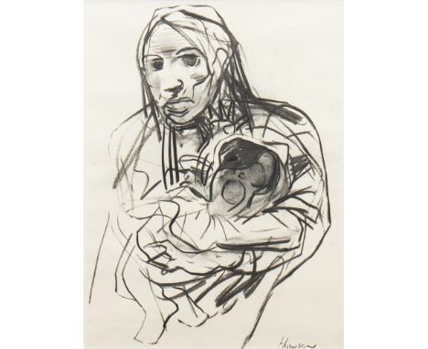 * PETER HOWSON OBE,MOTHER & BABY (Famine Series)charcoal on paper, signed 40cm x 30cmMounted, framed and under glassProvenanc