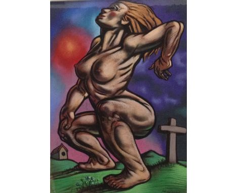 * PETER HOWSON OBE,CROUCHING MADONNApastel on paper, signed60cm x 45cm Mounted, framed and under glassProvenance: From a Glas