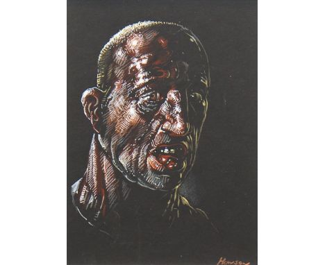 * PETER HOWSON OBE,LONG TERM DOSSERpastel on black paper, signed 20cm x 14cm Mounted, framed and under glassProvenance: From 